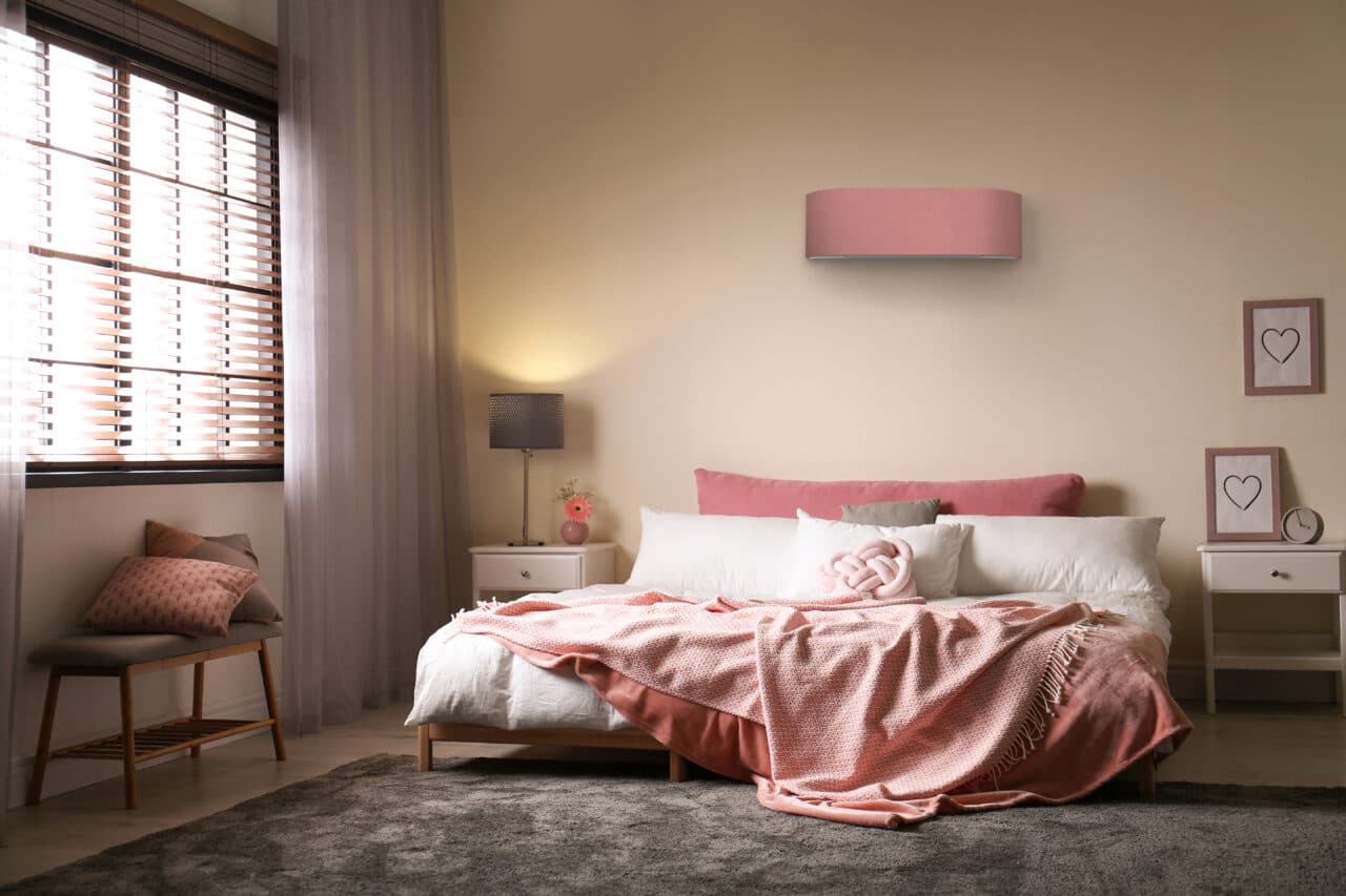 Modern room interior with comfortable double bed and window blin